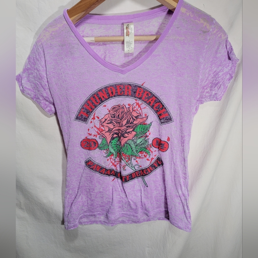 Thunder Beach Motorcycle Rally 2014 XL sheer purple shirt with a large rose.
